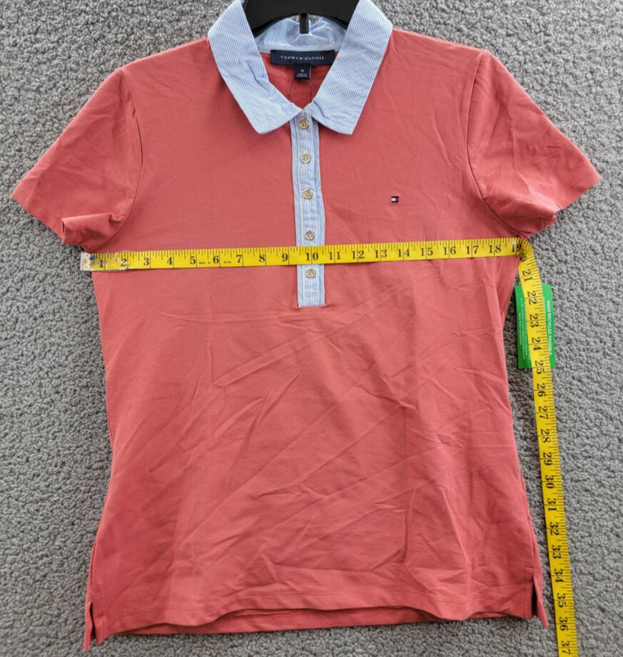 Tommy Hilfiger Striped-Collar Polo Shirt Women's M Light Red Multi Short Sleeve