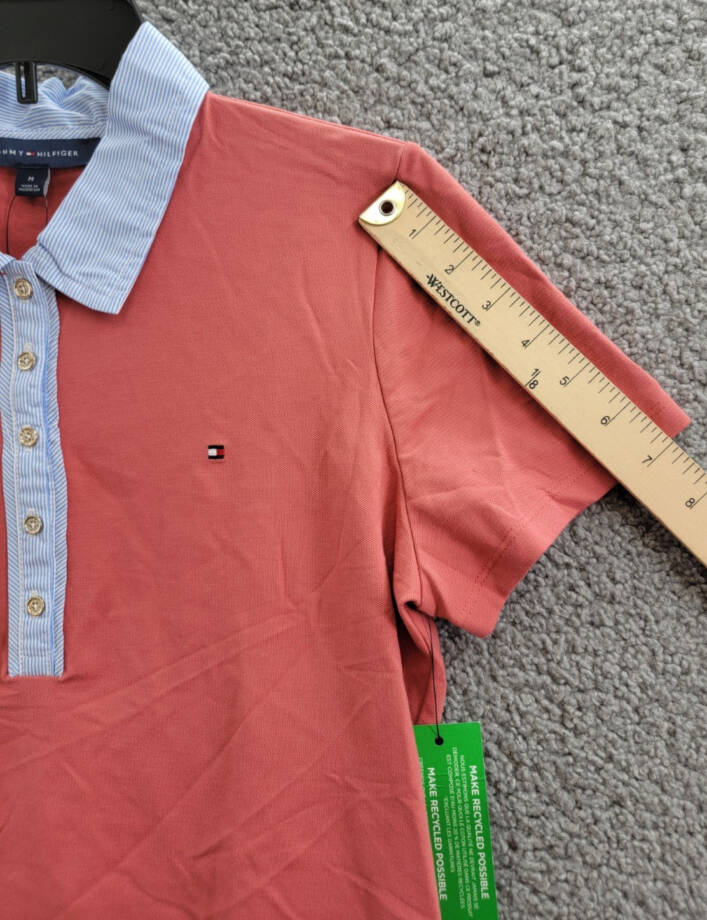 Tommy Hilfiger Striped-Collar Polo Shirt Women's M Light Red Multi Short Sleeve