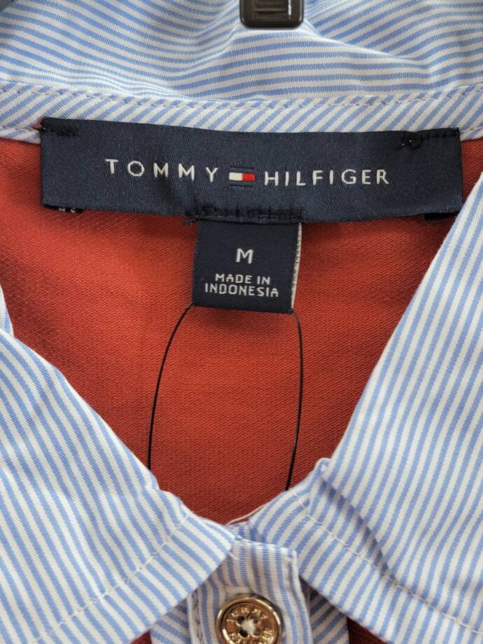 Tommy Hilfiger Striped-Collar Polo Shirt Women's M Light Red Multi Short Sleeve