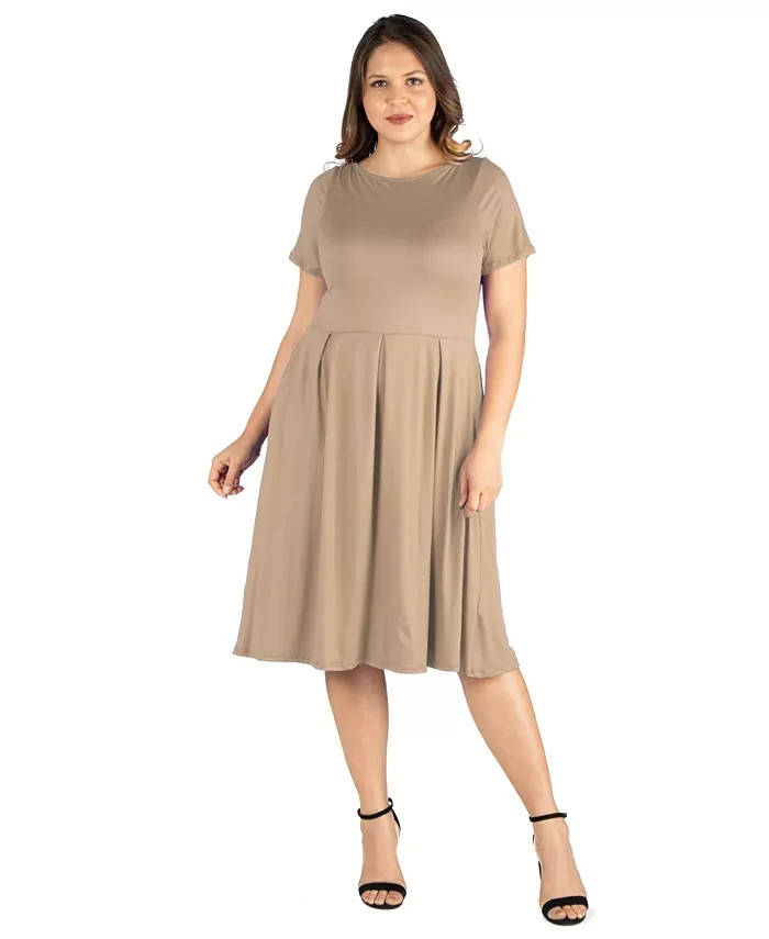 24seven Comfort Apparel Plus Short Sleeve Midi Dress w/ Pockets Women's 2X Taupe