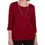 Alfred Dunner Petite Runway Ready Melange Crewneck Top w/ Necklace Womens PM Red