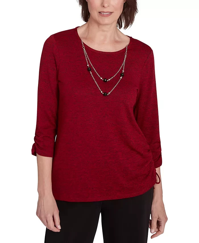 Alfred Dunner Petite Runway Ready Melange Crewneck Top w/ Necklace Womens PM Red