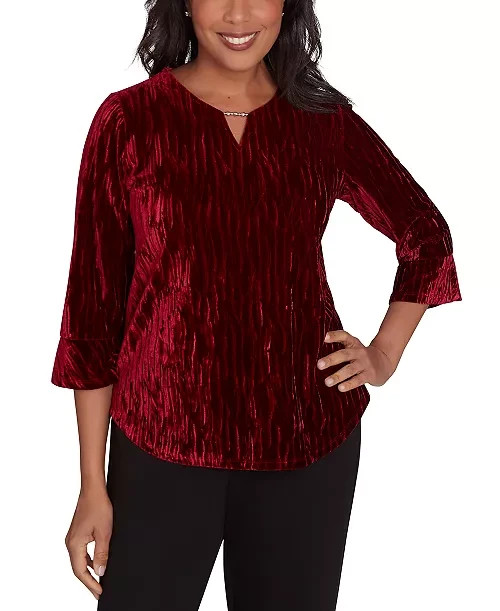 Alfred Dunner Petite Runway Ready Crushed Velvet Beaded Top Women's PS Red