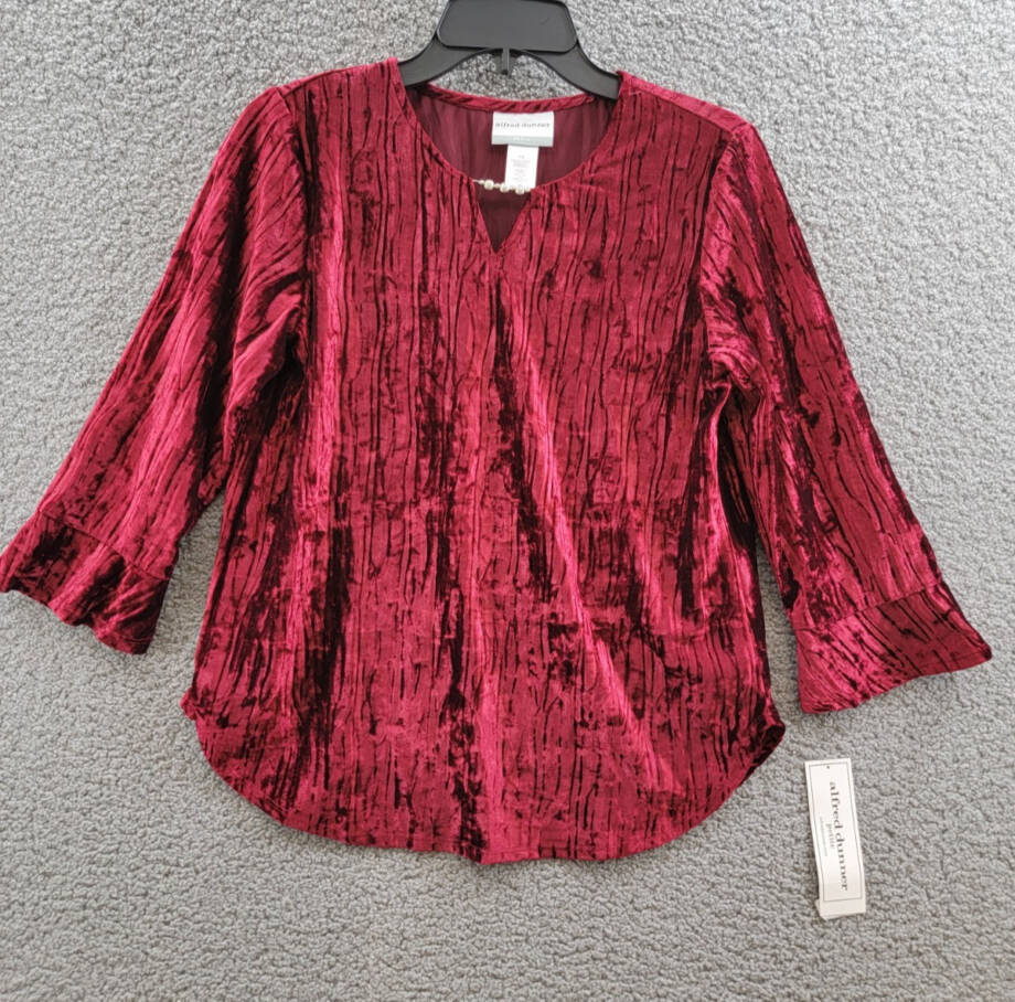 Alfred Dunner Petite Runway Ready Crushed Velvet Beaded Top Women's PS Red