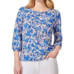 Jones New York Floral-Print Moss Crepe 3/4-Sleeve Top Women M Blue Horizon Multi