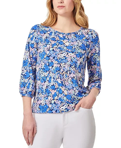 Jones New York Floral-Print Moss Crepe 3/4-Sleeve Top Women M Blue Horizon Multi