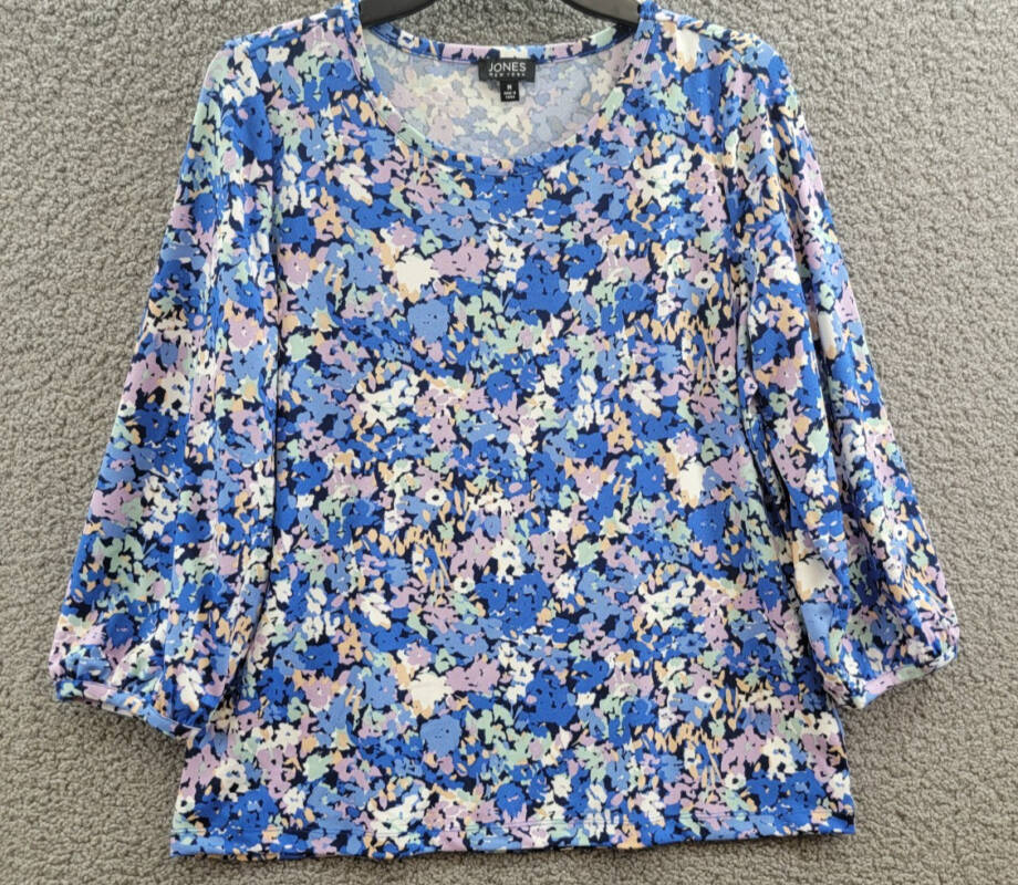 Jones New York Floral-Print Moss Crepe 3/4-Sleeve Top Women M Blue Horizon Multi