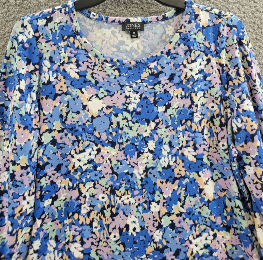 Jones New York Floral-Print Moss Crepe 3/4-Sleeve Top Women M Blue Horizon Multi