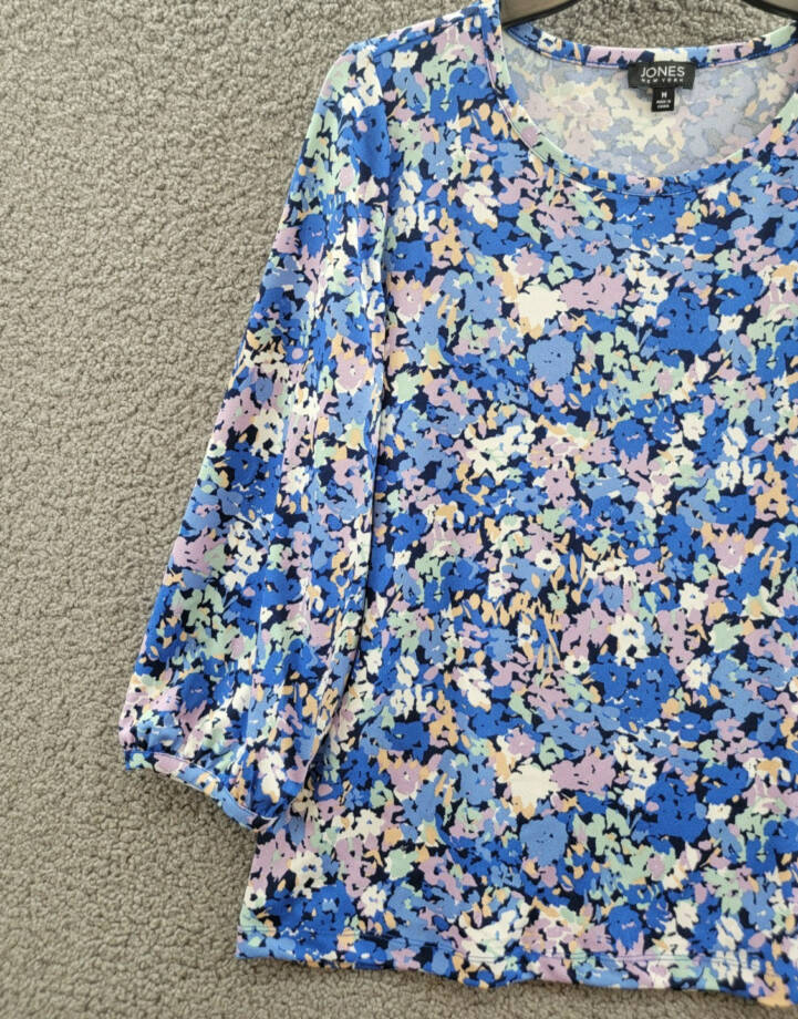 Jones New York Floral-Print Moss Crepe 3/4-Sleeve Top Women M Blue Horizon Multi