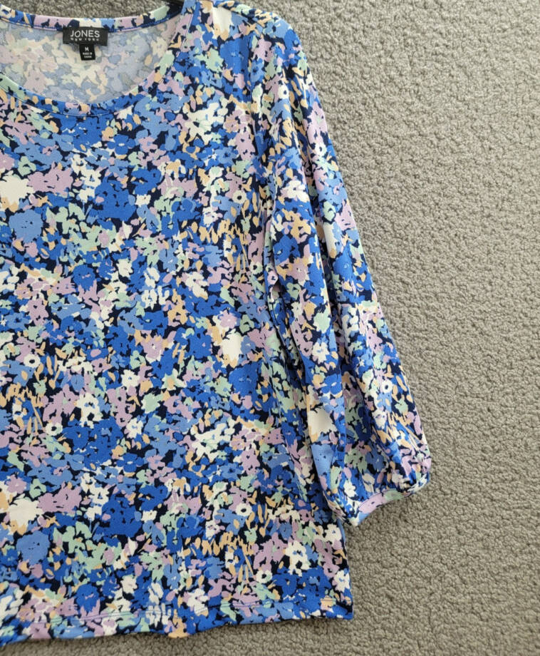 Jones New York Floral-Print Moss Crepe 3/4-Sleeve Top Women M Blue Horizon Multi