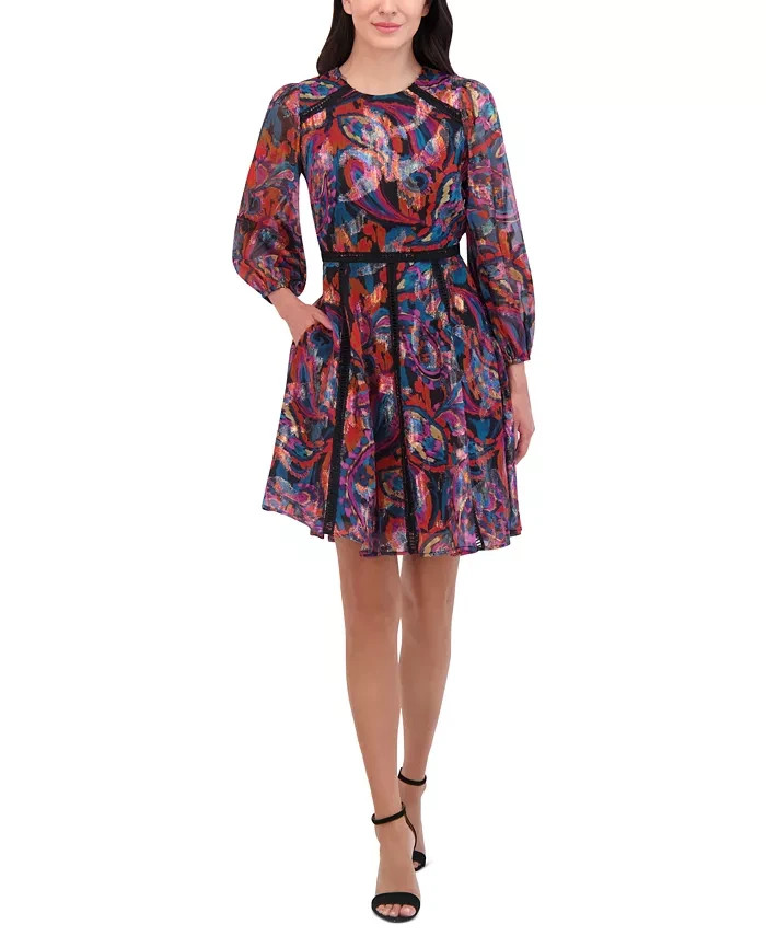 Vince Camuto Metallic Chiffon Fit & Flare Dress Women's 12 Red Multi Zip Closure