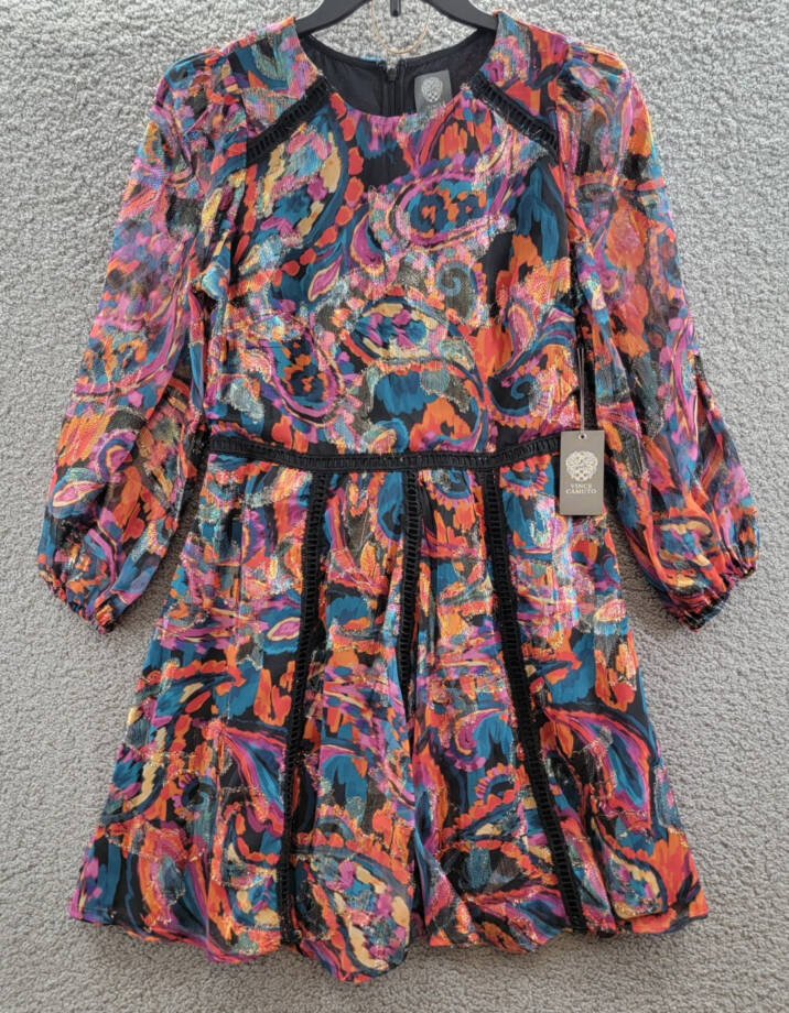 Vince Camuto Metallic Chiffon Fit & Flare Dress Women's 12 Red Multi Zip Closure