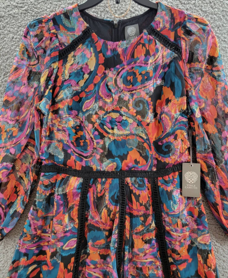 Vince Camuto Metallic Chiffon Fit & Flare Dress Women's 12 Red Multi Zip Closure
