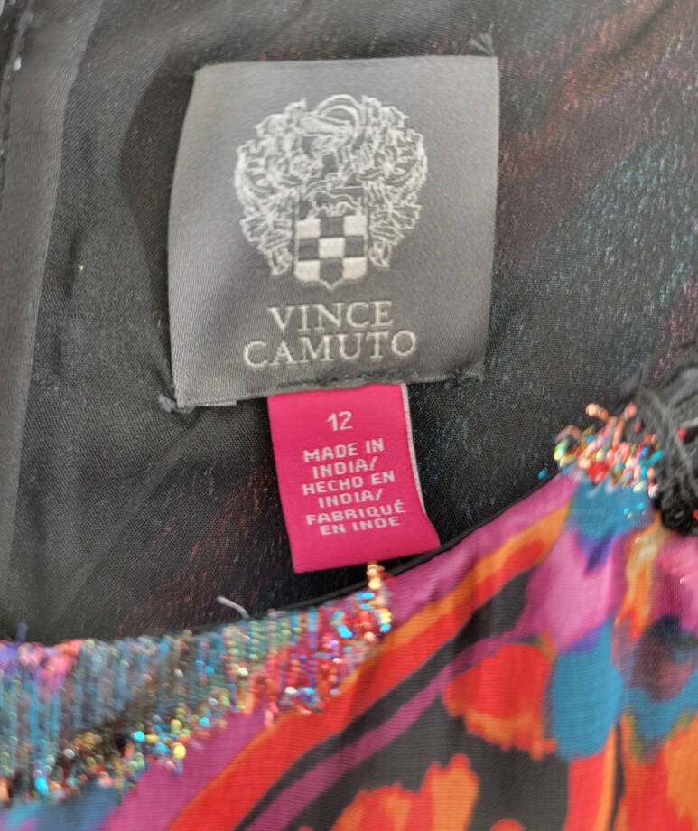 Vince Camuto Metallic Chiffon Fit & Flare Dress Women's 12 Red Multi Zip Closure
