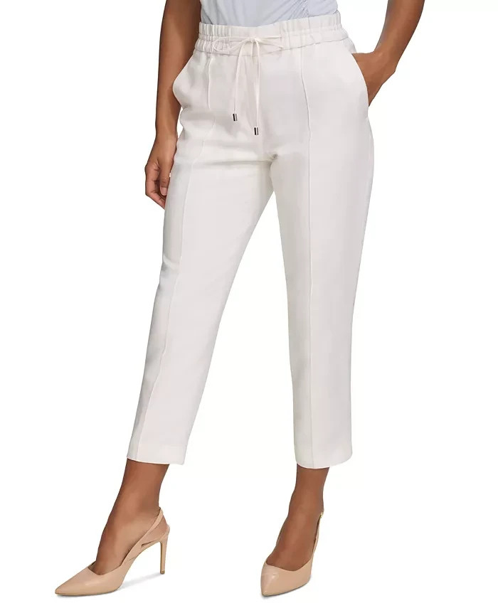 Calvin Klein Linen Blend Straight-Leg Pull-On Drawstring Pants Women's 12 White~