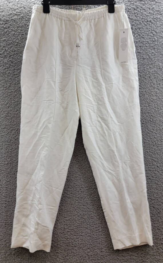 Calvin Klein Linen Blend Straight-Leg Pull-On Drawstring Pants Women's 12 White~