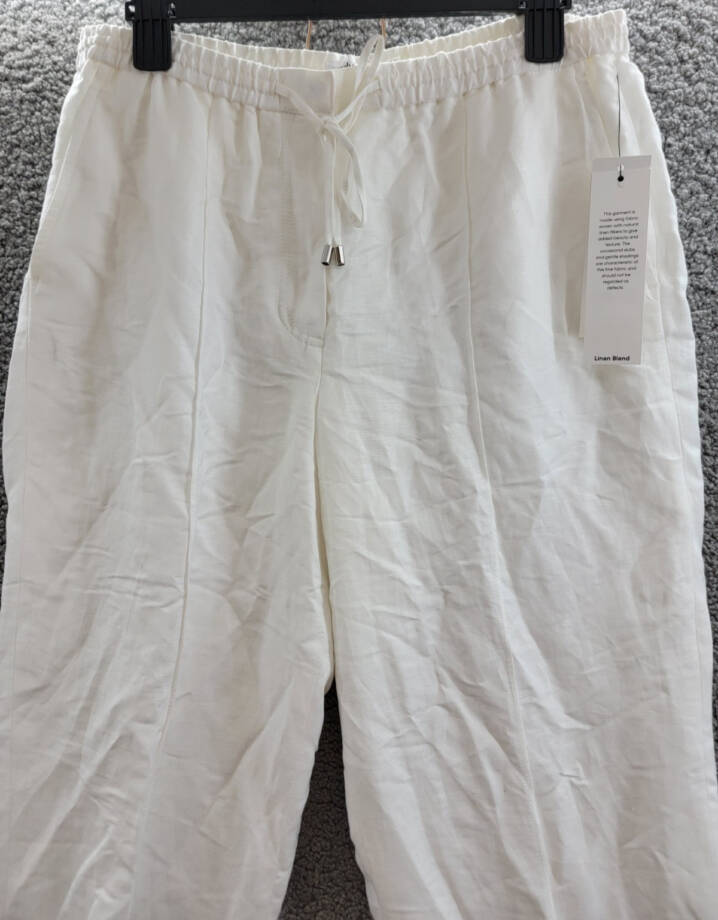 Calvin Klein Linen Blend Straight-Leg Pull-On Drawstring Pants Women's 12 White~
