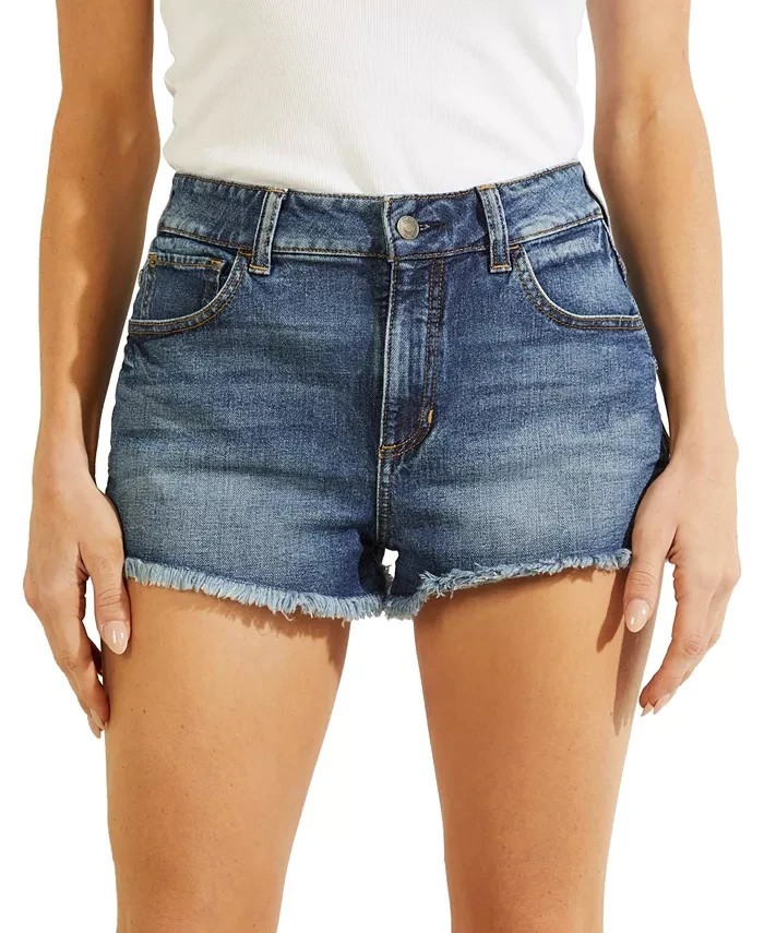 GUESS Frayed Hem Mom Jean Shorts Women's 24 Blue Fog Wash Belt Loops Zip Closure