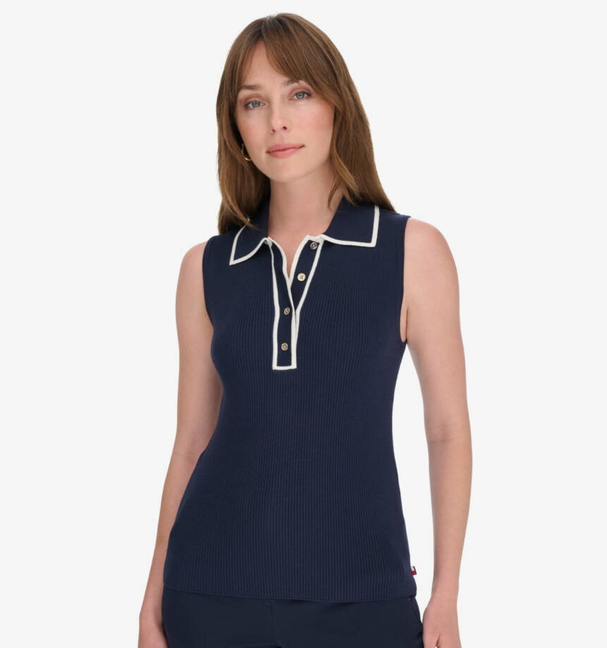 Tommy Hilfiger Rib-Knit Sleeveless Polo Tank Top Women L Midnight/Ivory Pullover
