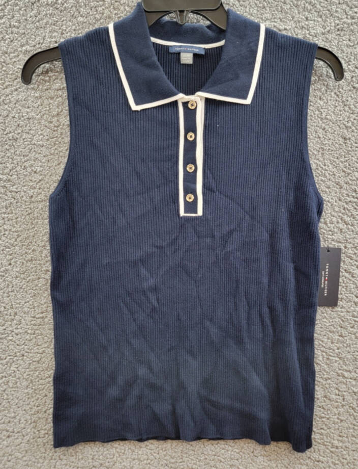 Tommy Hilfiger Rib-Knit Sleeveless Polo Tank Top Women L Midnight/Ivory Pullover