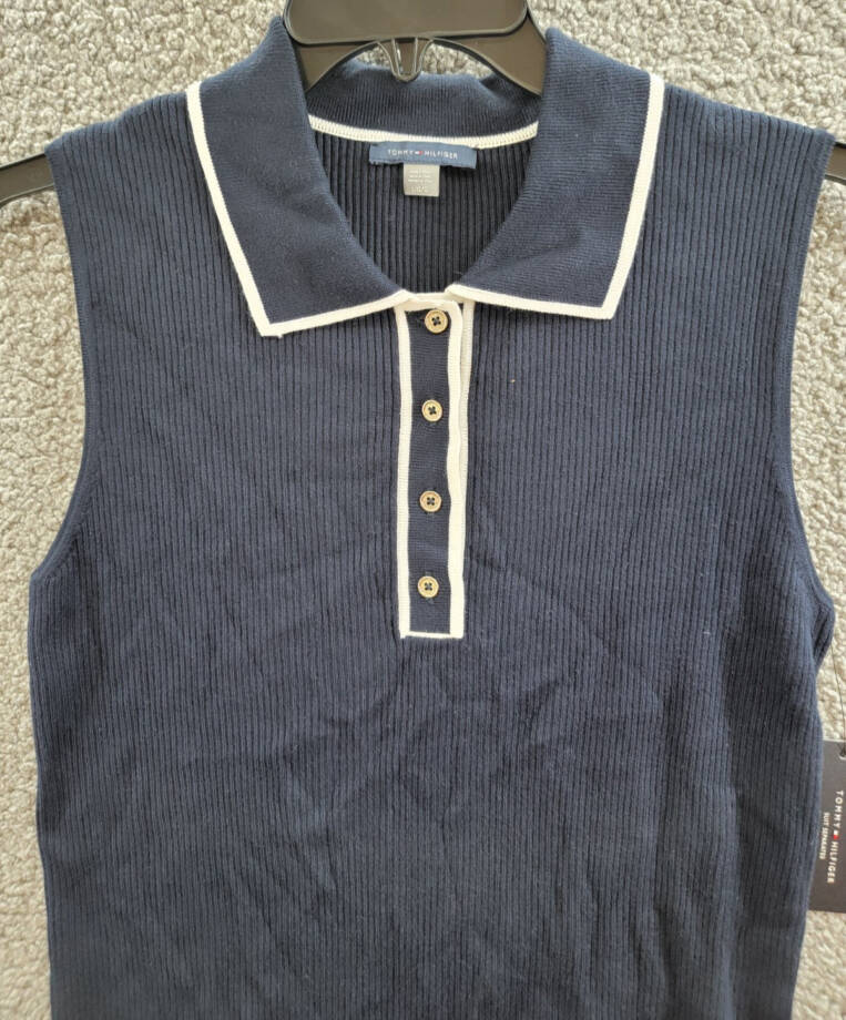 Tommy Hilfiger Rib-Knit Sleeveless Polo Tank Top Women L Midnight/Ivory Pullover