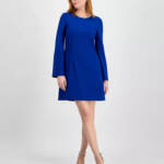 Tahari ASL Rhinestone Trim Shift Dress Women's 12 Cobalt Round Neck Zip Closure~