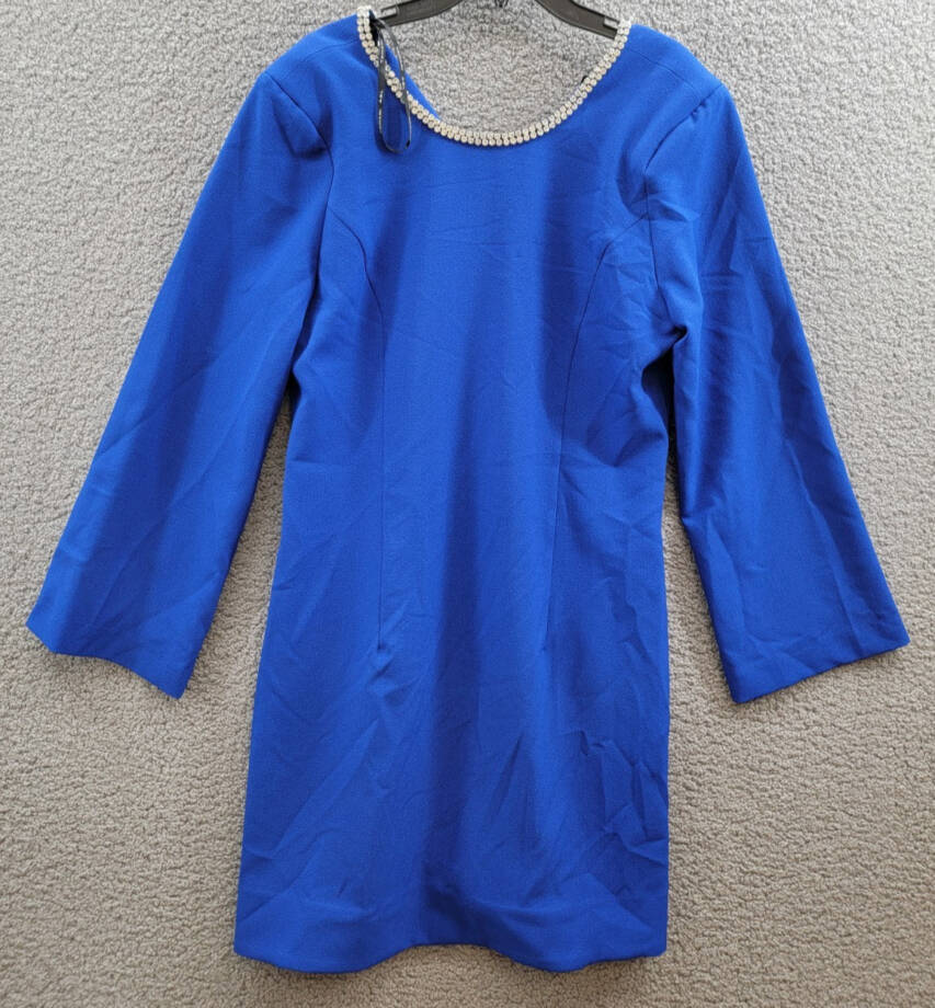 Tahari ASL Rhinestone Trim Shift Dress Women's 12 Cobalt Round Neck Zip Closure~