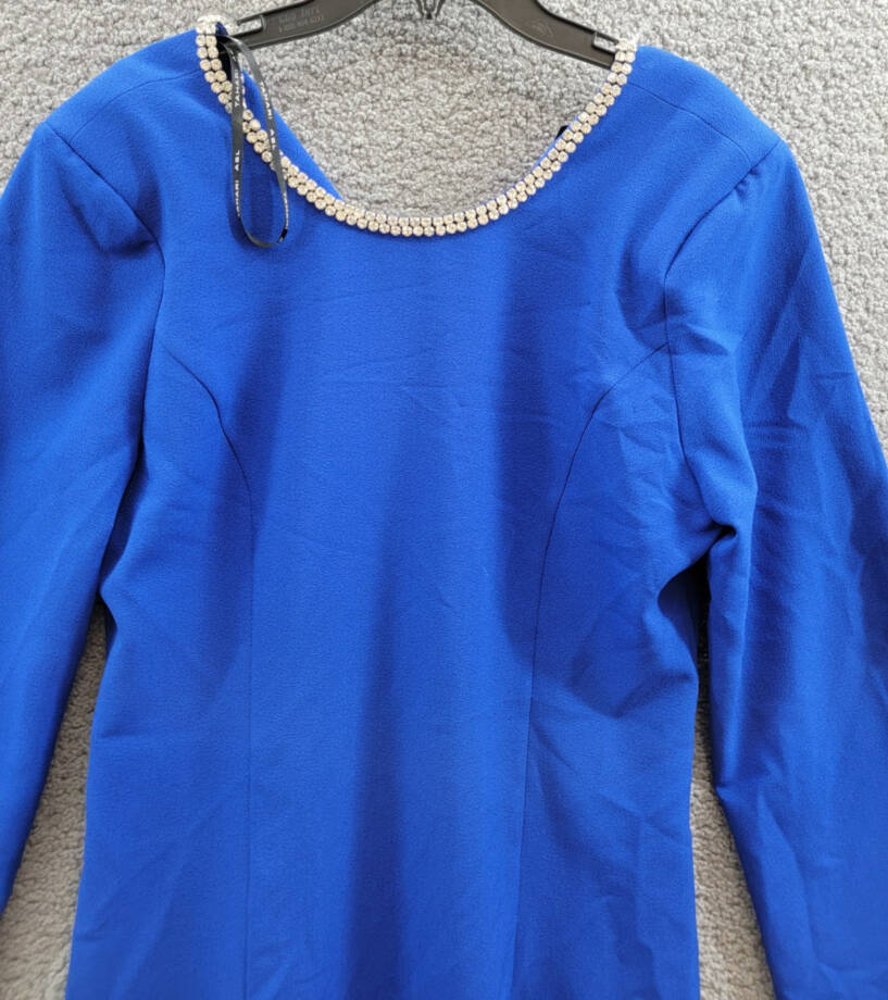 Tahari ASL Rhinestone Trim Shift Dress Women's 12 Cobalt Round Neck Zip Closure~