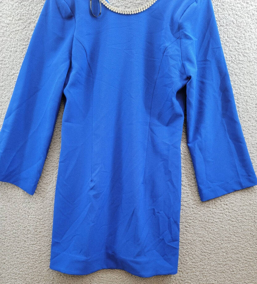 Tahari ASL Rhinestone Trim Shift Dress Women's 12 Cobalt Round Neck Zip Closure~