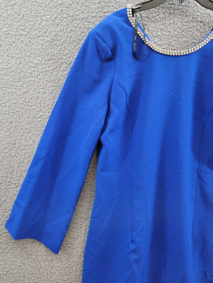 Tahari ASL Rhinestone Trim Shift Dress Women's 12 Cobalt Round Neck Zip Closure~
