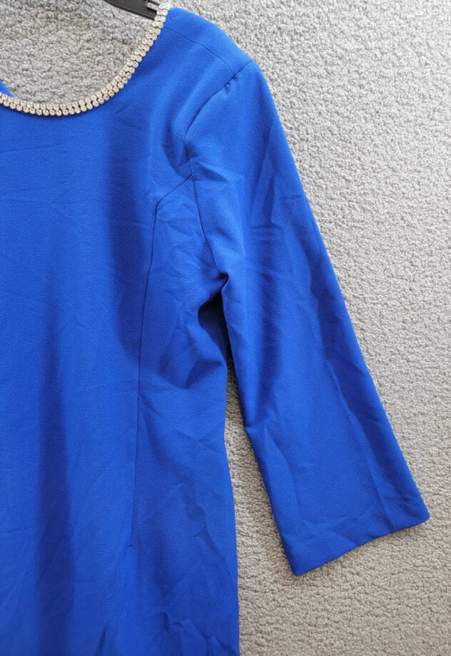Tahari ASL Rhinestone Trim Shift Dress Women's 12 Cobalt Round Neck Zip Closure~