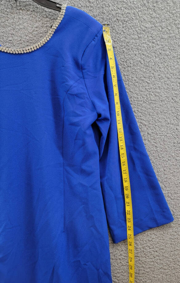 Tahari ASL Rhinestone Trim Shift Dress Women's 12 Cobalt Round Neck Zip Closure~