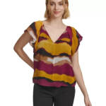 Calvin Klein Printed Short-Sleeve Blouse Women's XL Ochre Multicolor Pullover~