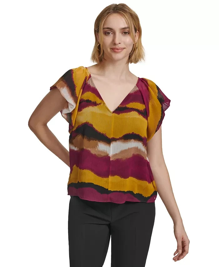 Calvin Klein Printed Short-Sleeve Blouse Women's XL Ochre Multicolor Pullover~