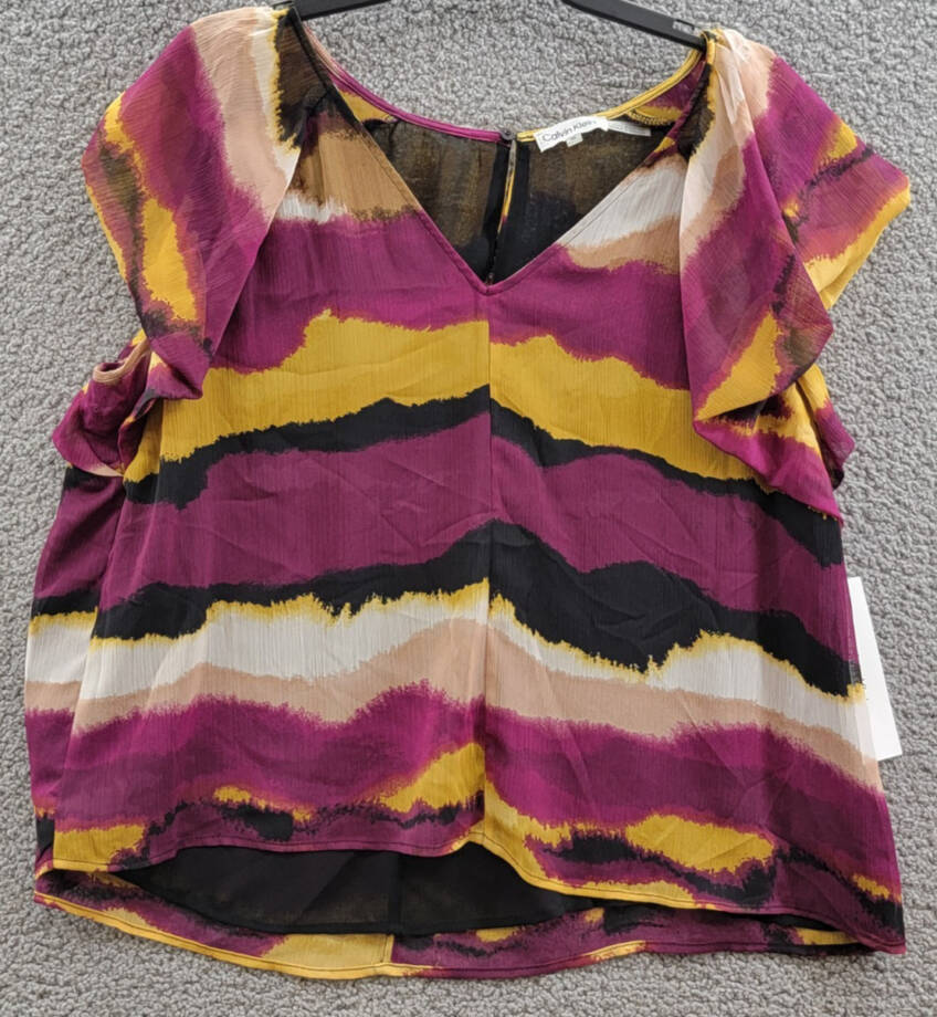 Calvin Klein Printed Short-Sleeve Blouse Women's XL Ochre Multicolor Pullover~
