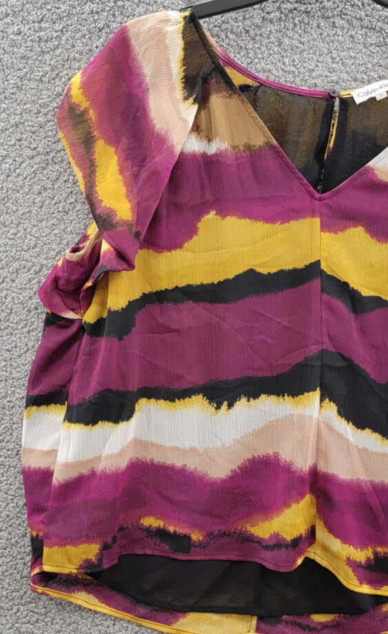 Calvin Klein Printed Short-Sleeve Blouse Women's XL Ochre Multicolor Pullover~