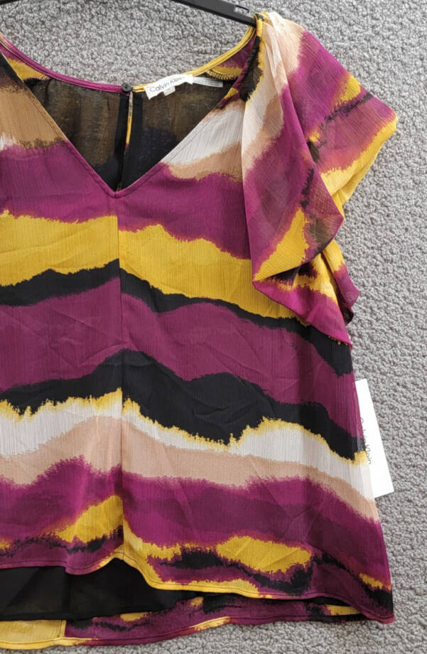 Calvin Klein Printed Short-Sleeve Blouse Women's XL Ochre Multicolor Pullover~
