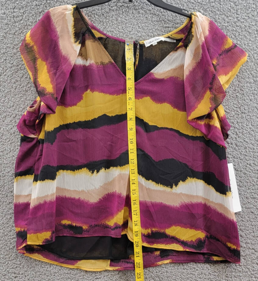 Calvin Klein Printed Short-Sleeve Blouse Women's XL Ochre Multicolor Pullover~