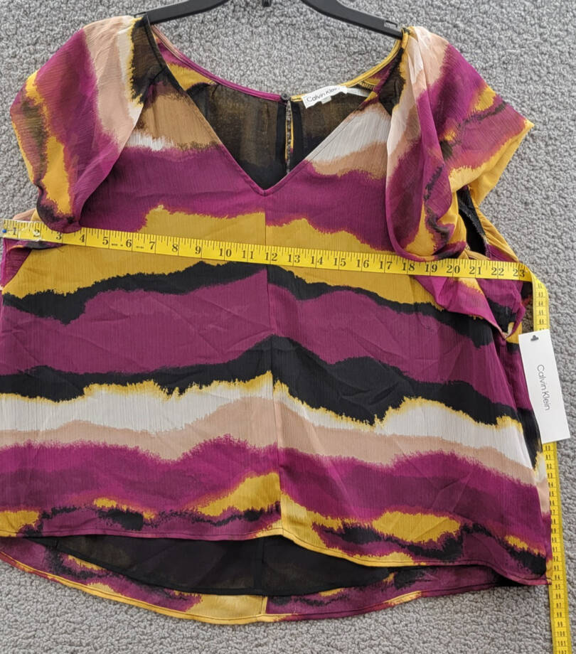 Calvin Klein Printed Short-Sleeve Blouse Women's XL Ochre Multicolor Pullover~