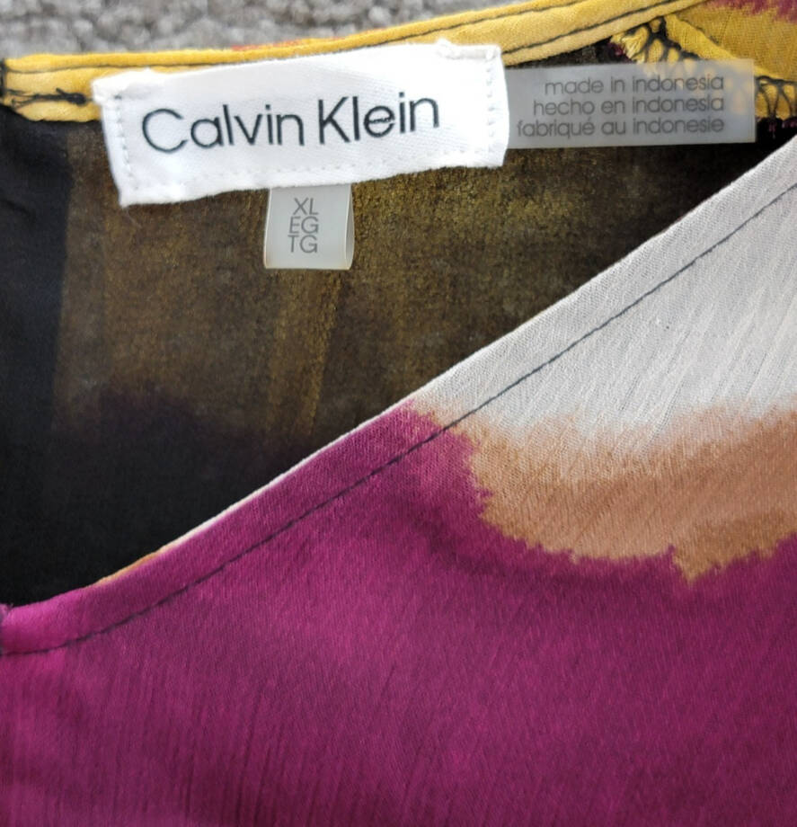 Calvin Klein Printed Short-Sleeve Blouse Women's XL Ochre Multicolor Pullover~
