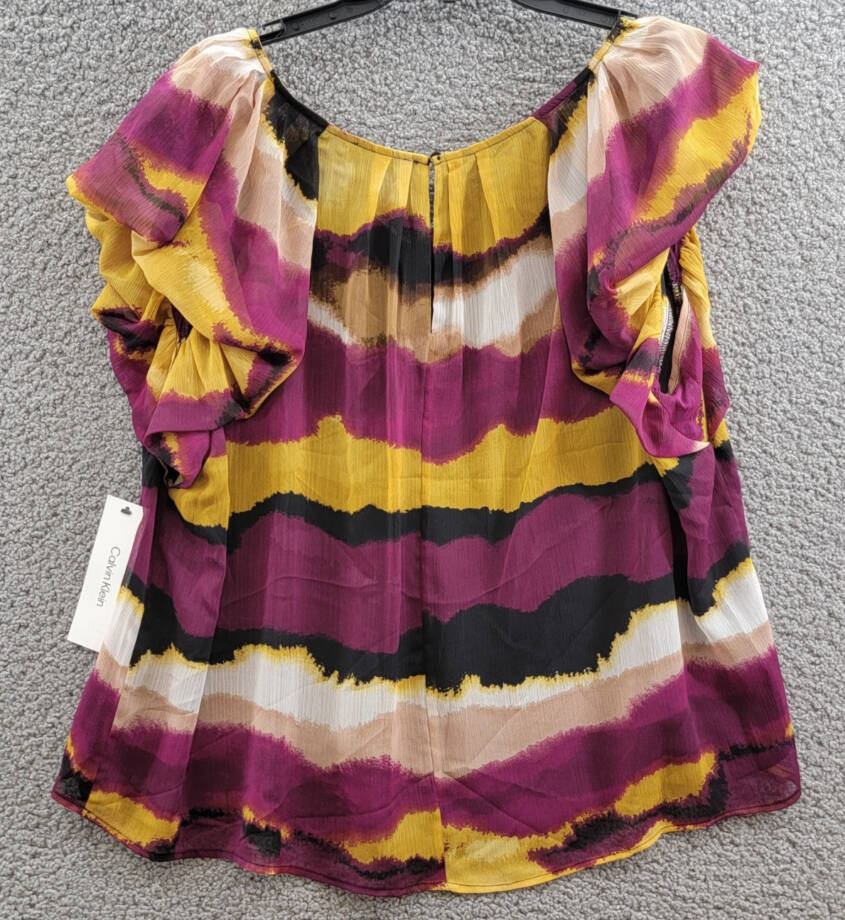 Calvin Klein Printed Short-Sleeve Blouse Women's XL Ochre Multicolor Pullover~