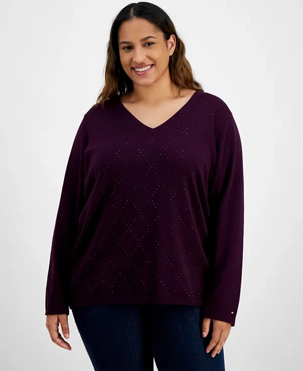 Tommy Hilfiger Plus Size Rhinestone Argyle Sweater Women's 3X Aubergine Pullover