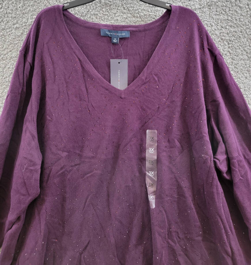 Tommy Hilfiger Plus Size Rhinestone Argyle Sweater Women's 3X Aubergine Pullover