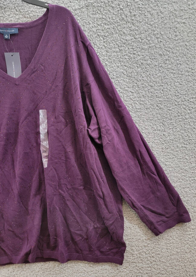 Tommy Hilfiger Plus Size Rhinestone Argyle Sweater Women's 3X Aubergine Pullover