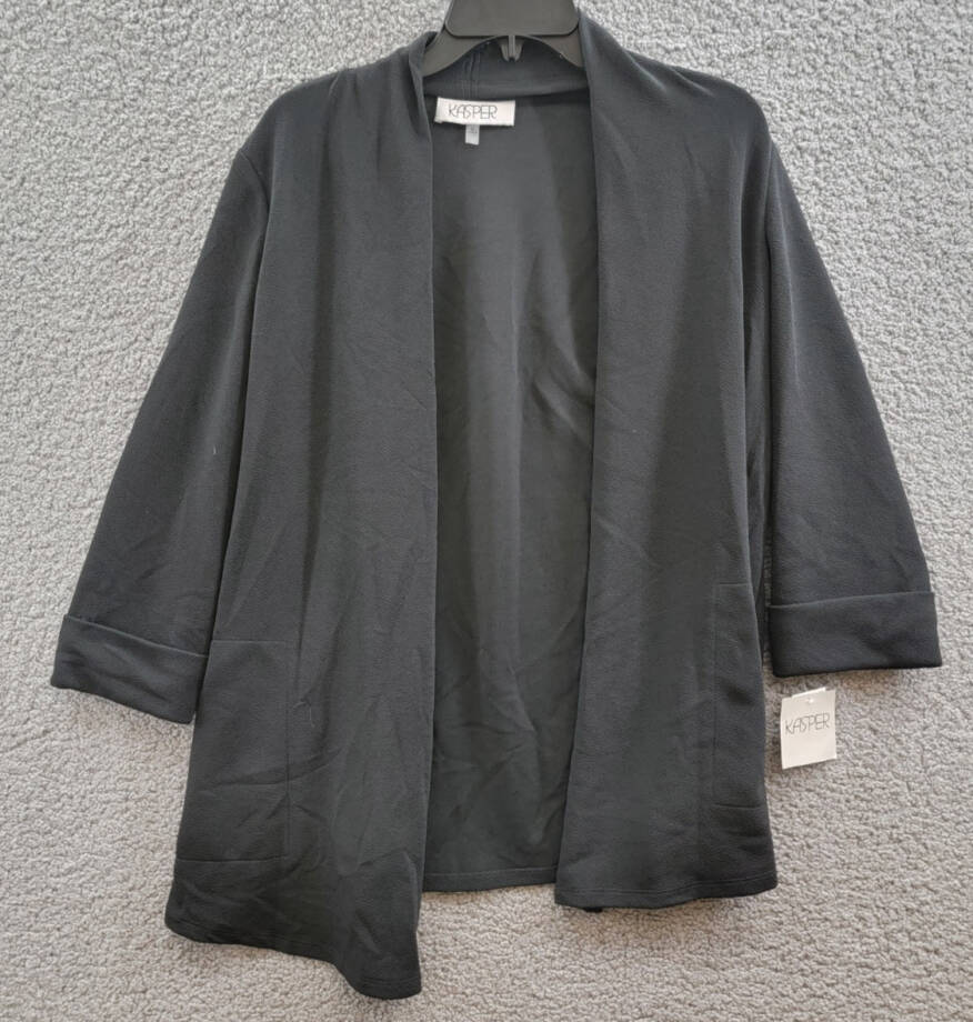 Kasper Open-Front Cardigan Jacket Women's S Black Shawl Collar Quarter Sleeves