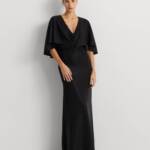 Lauren Ralph Lauren Twist-Front Cape-Overlay Gown Women's 12 Black Zip Closure~