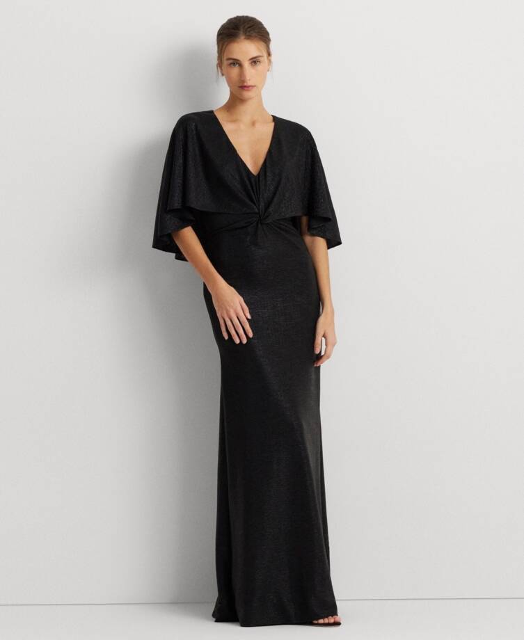 Lauren Ralph Lauren Twist-Front Cape-Overlay Gown Women's 12 Black Zip Closure~
