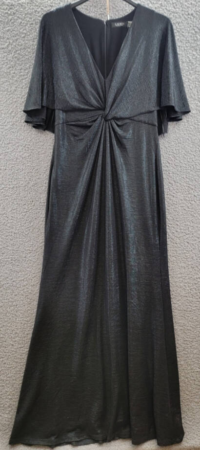 Lauren Ralph Lauren Twist-Front Cape-Overlay Gown Women's 12 Black Zip Closure~