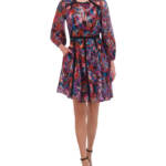 Vince Camuto Metallic Blend Chiffon Fit & Flare Dress Women's 2 Red Multi Zip~