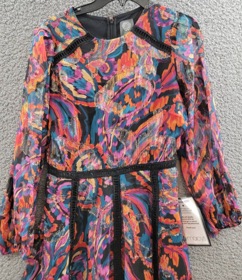 Vince Camuto Metallic Blend Chiffon Fit & Flare Dress Women's 2 Red Multi Zip~